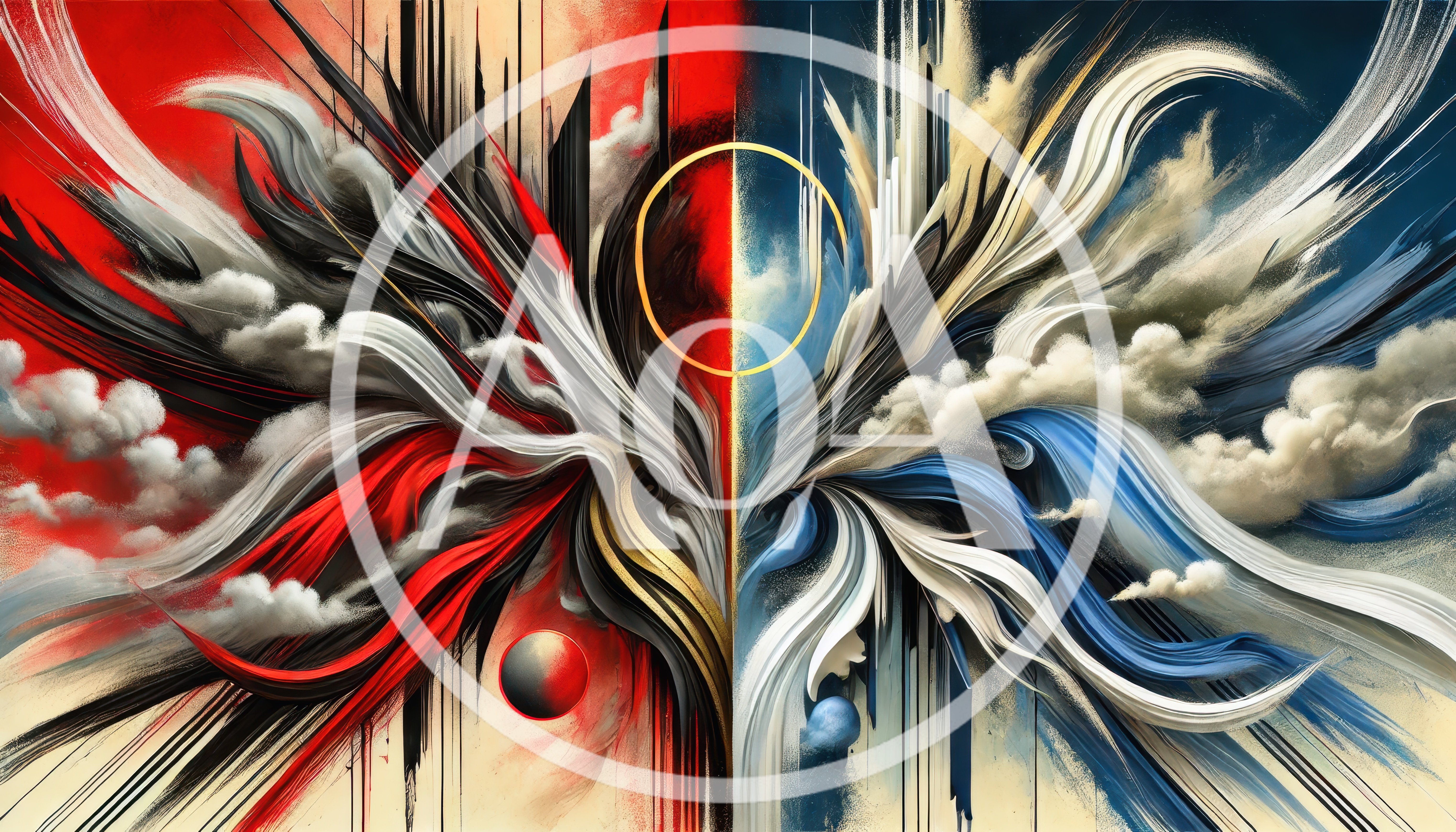 Abstract Duality Composition With Red And Blue Swirls