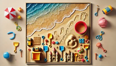 Top Down View Of Beach Toys And Sandcastles