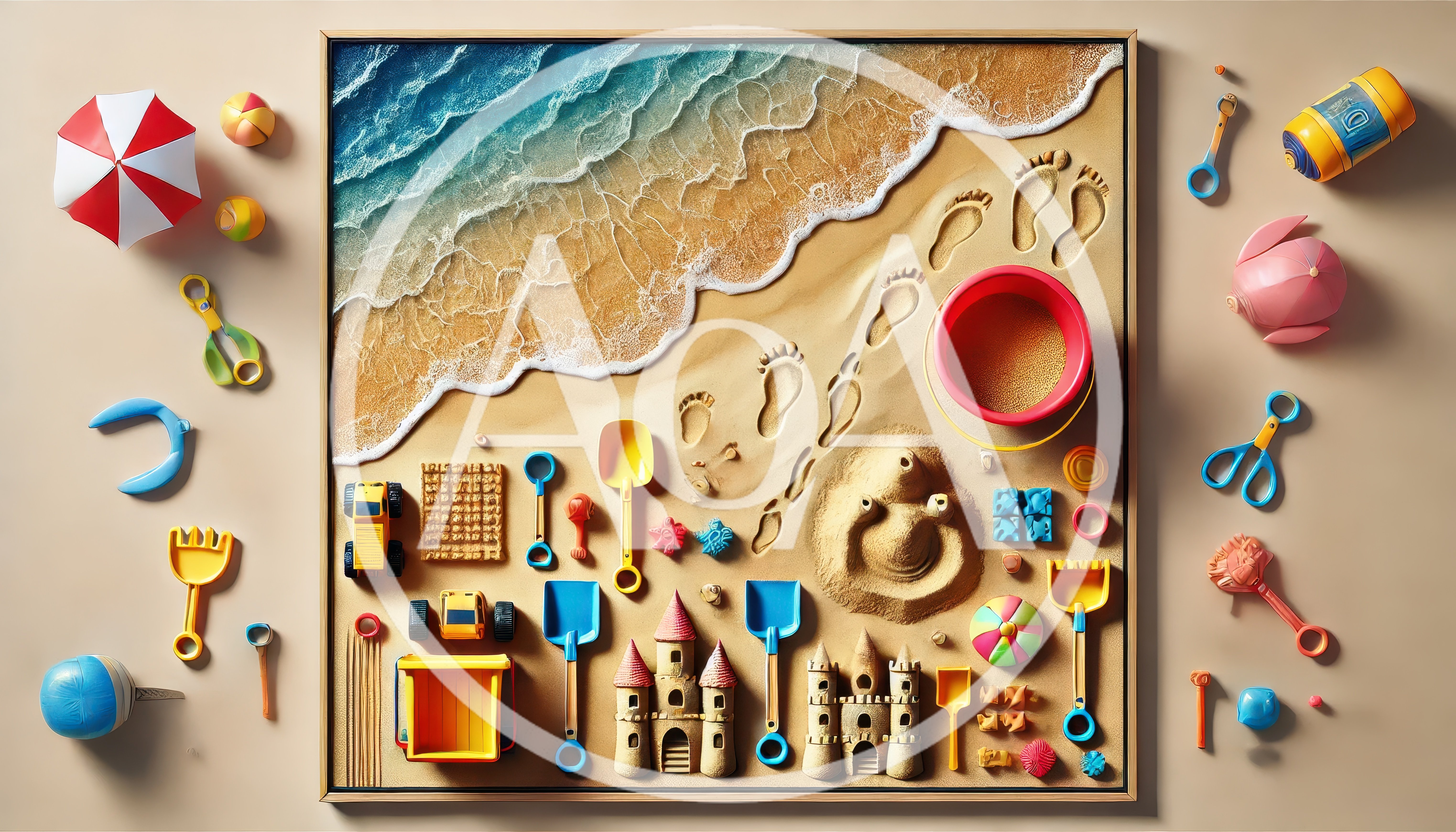 Top Down View Of Beach Toys And Sandcastles