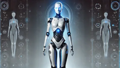 Futuristic Android Robot With Holographic Digital Projections