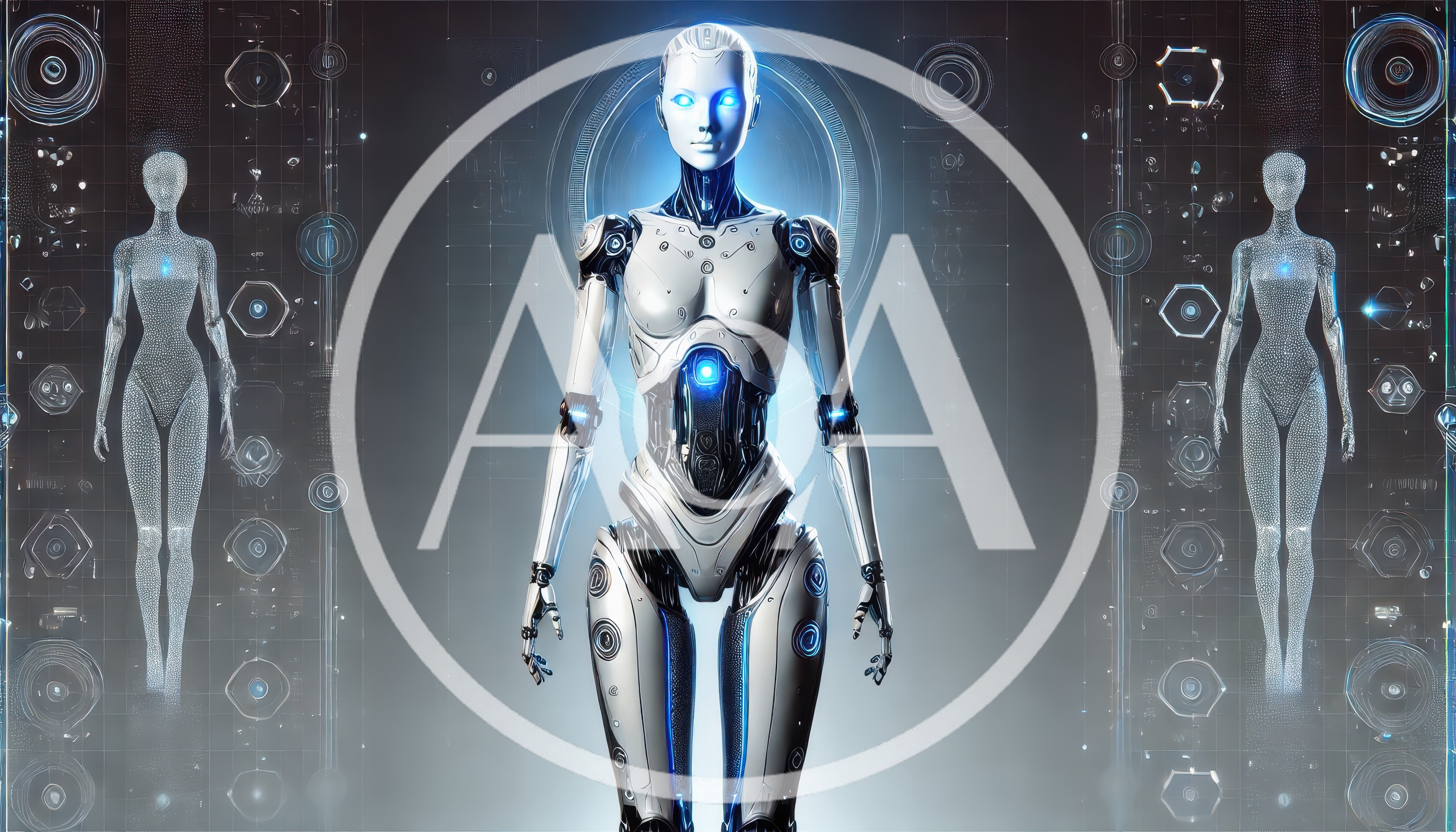 Futuristic Android Robot With Holographic Digital Projections