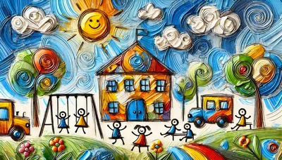 Whimsical Impasto Oil Painting Of A School Playground