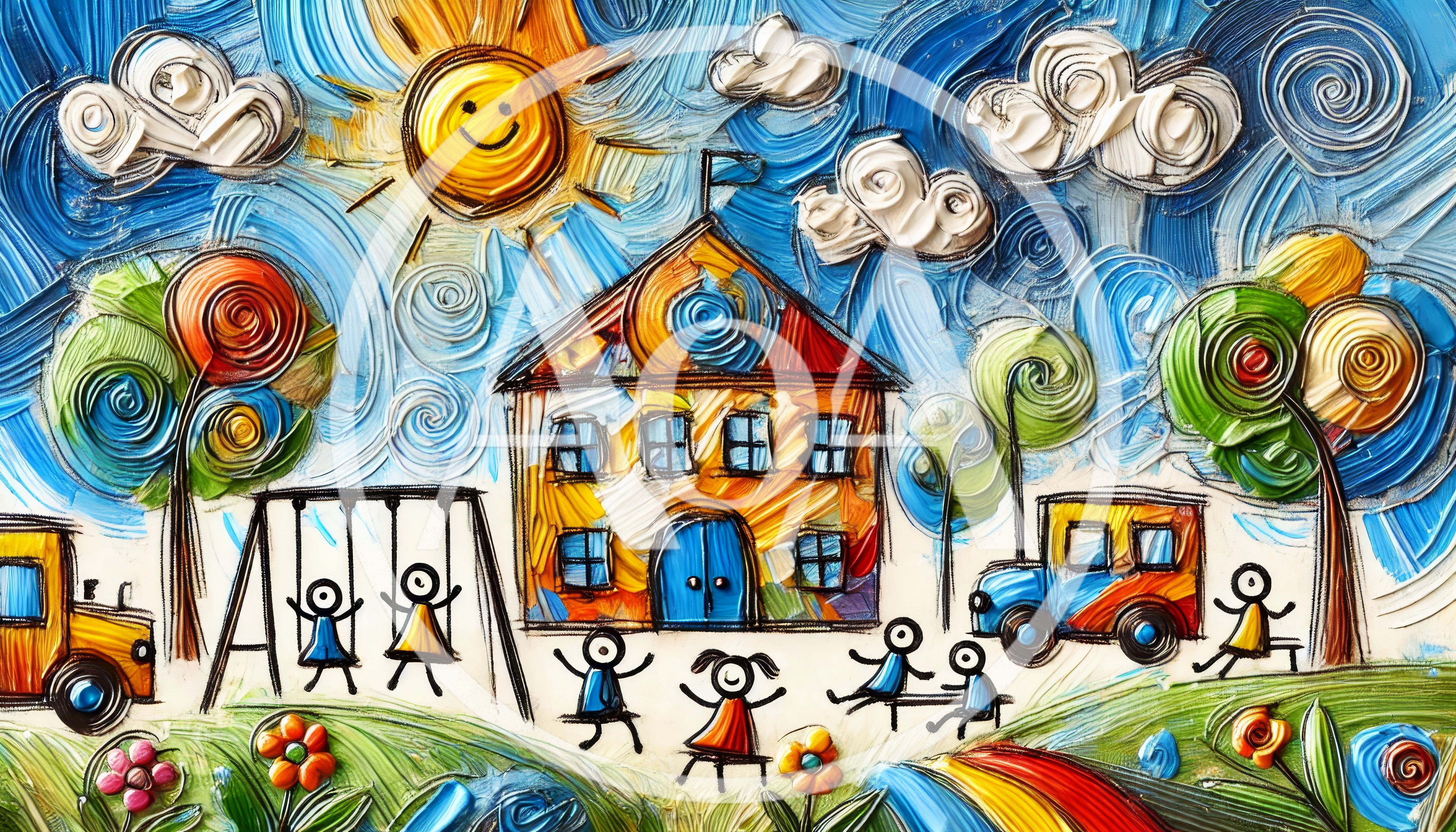 Whimsical Impasto Oil Painting Of A School Playground