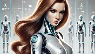 Futuristic Android Woman With Long Hair In Laboratory