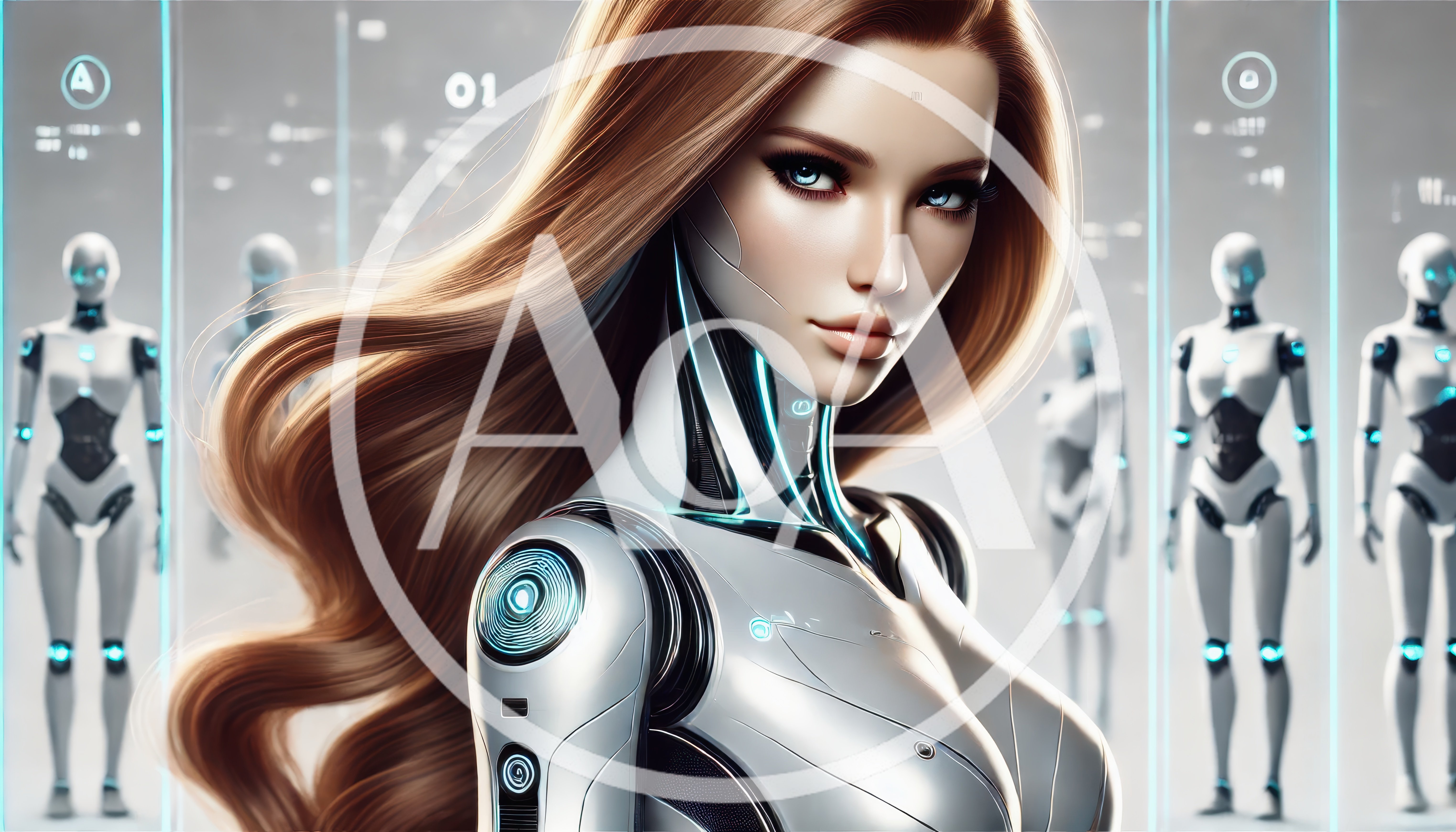Futuristic Android Woman With Long Hair In Laboratory