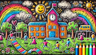 Chalk Drawing of Children Playing at School