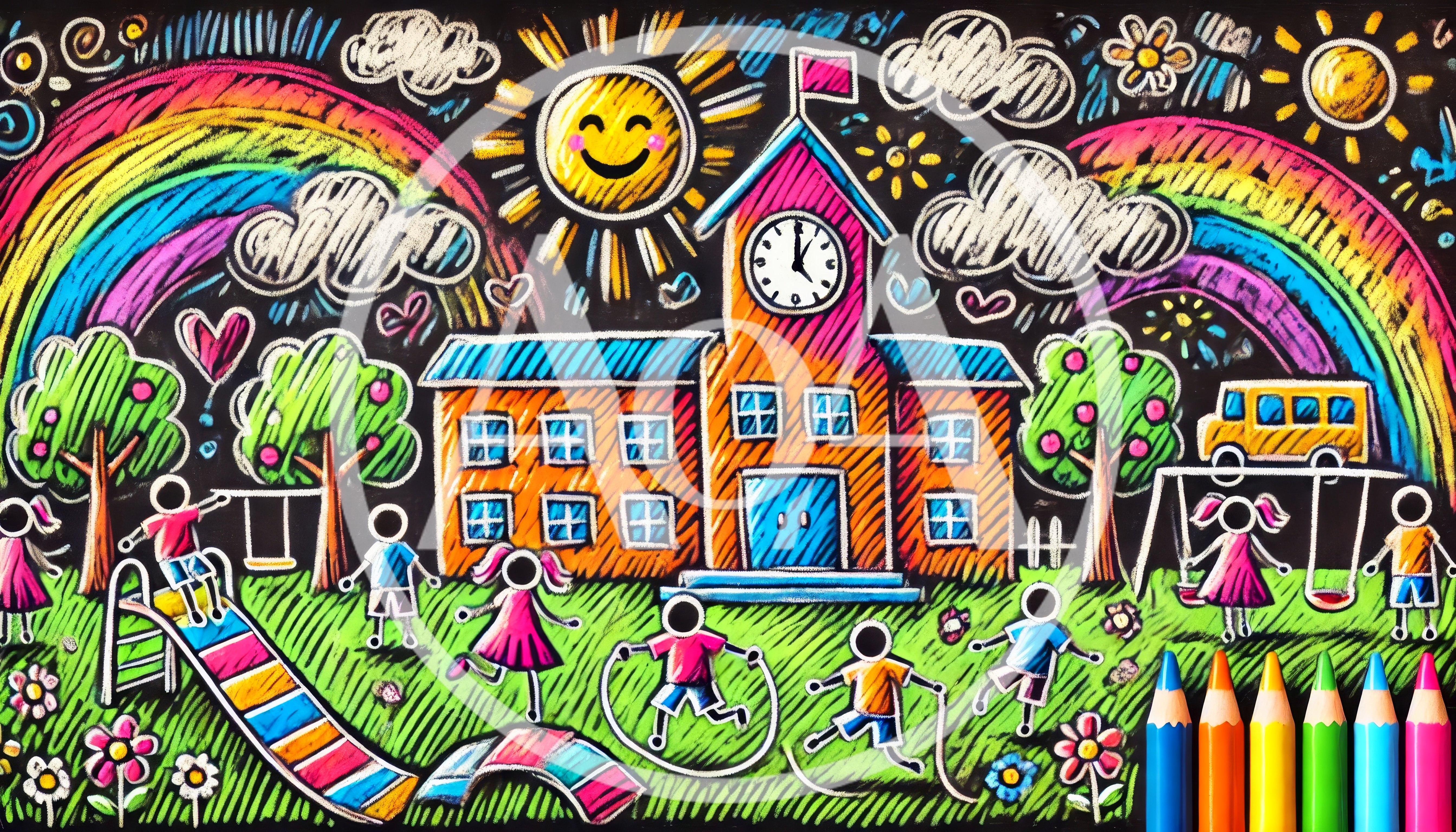 Chalk Drawing of Children Playing at School