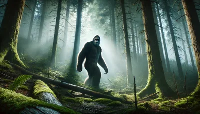 Bigfoot Walking Through A Misty Ancient Forest