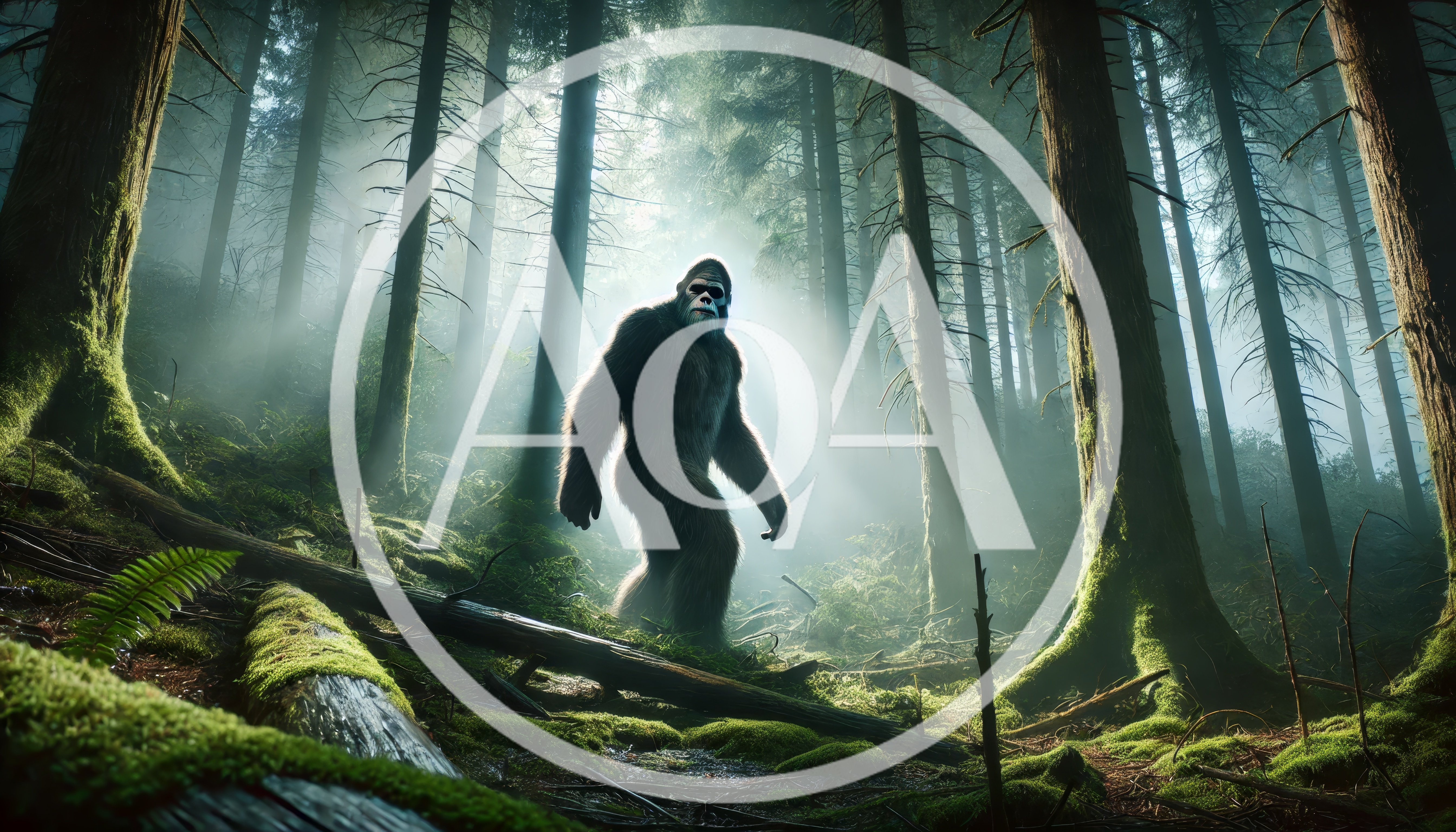 Bigfoot Walking Through A Misty Ancient Forest