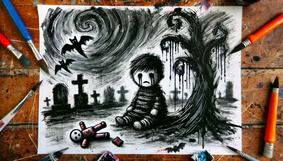 Dark Charcoal Drawing Of A Crying Child In A Graveyard