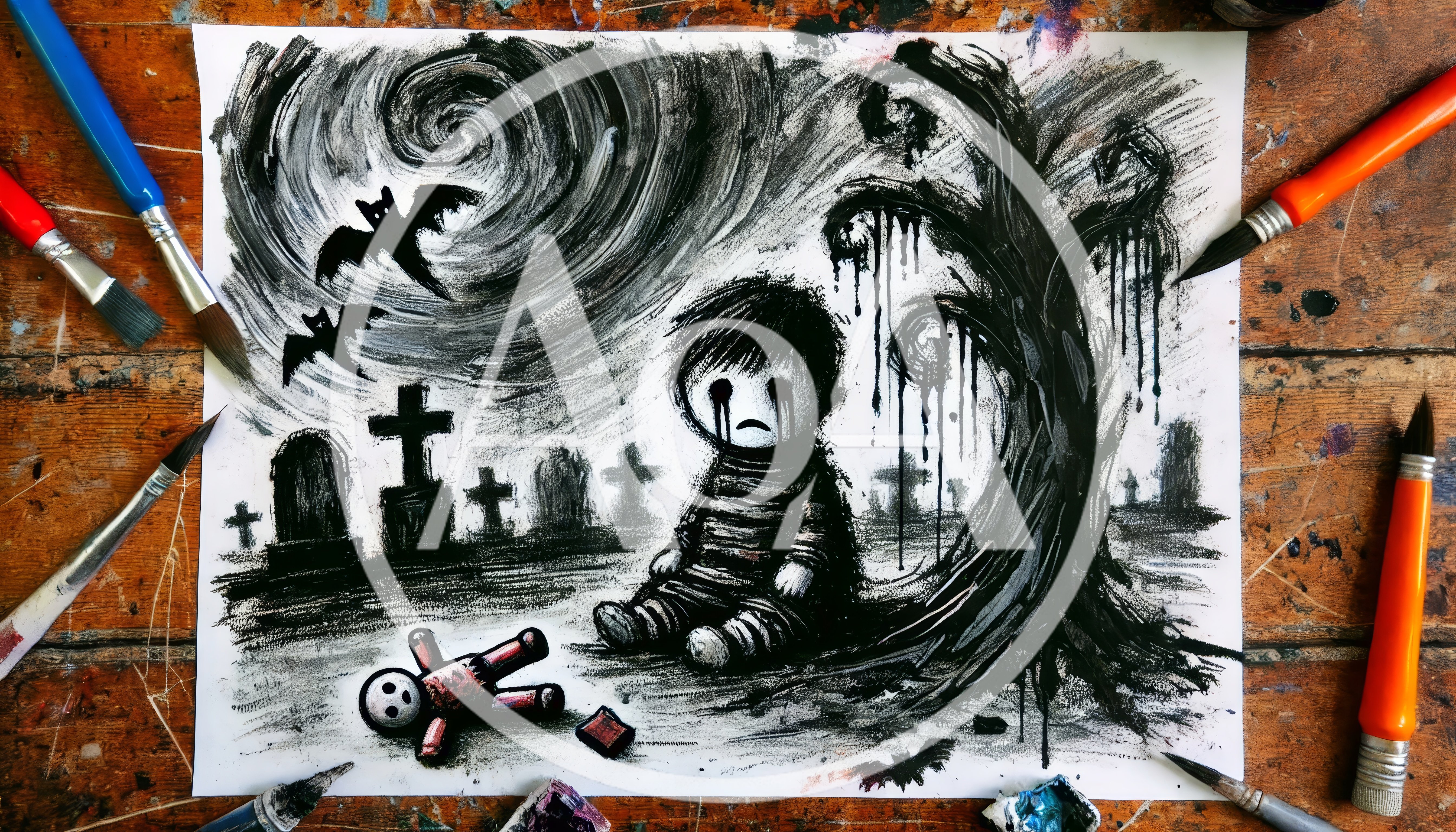 Dark Charcoal Drawing Of A Crying Child In A Graveyard