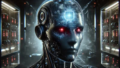 Futuristic Android Head With Glowing Circuitry And Red Eyes