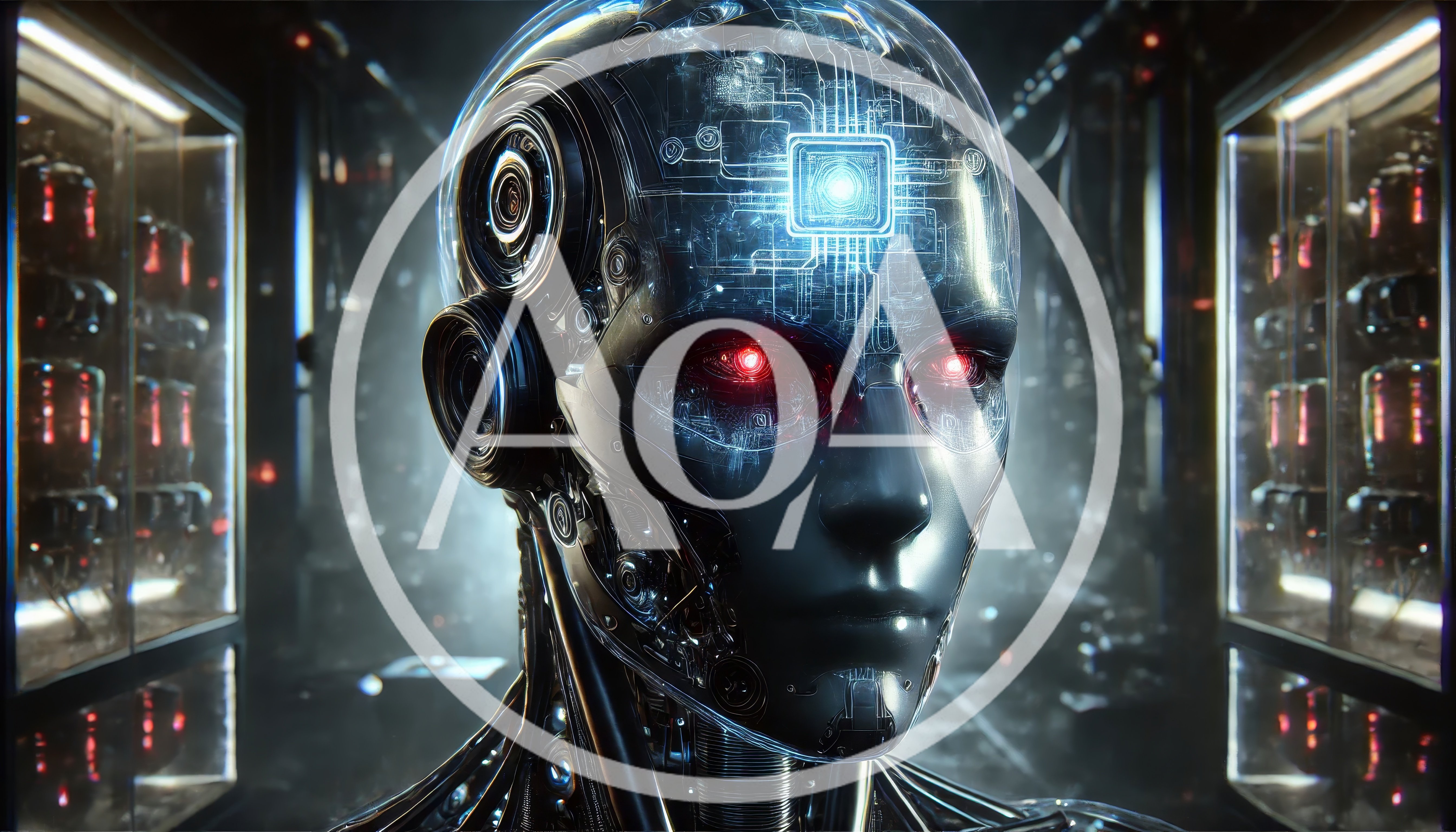 Futuristic Android Head With Glowing Circuitry And Red Eyes