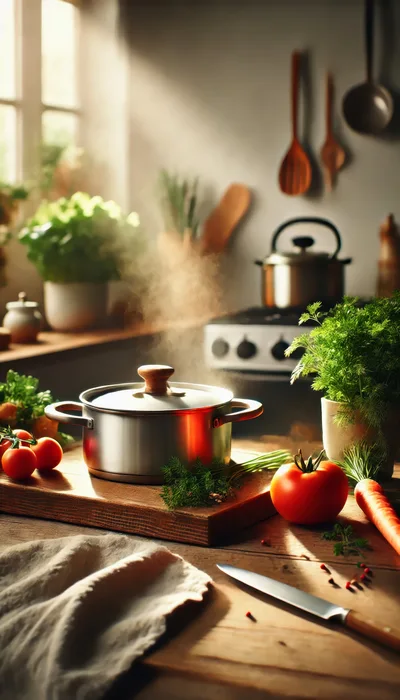 Steaming Pot on a Rustic Kitchen Counter