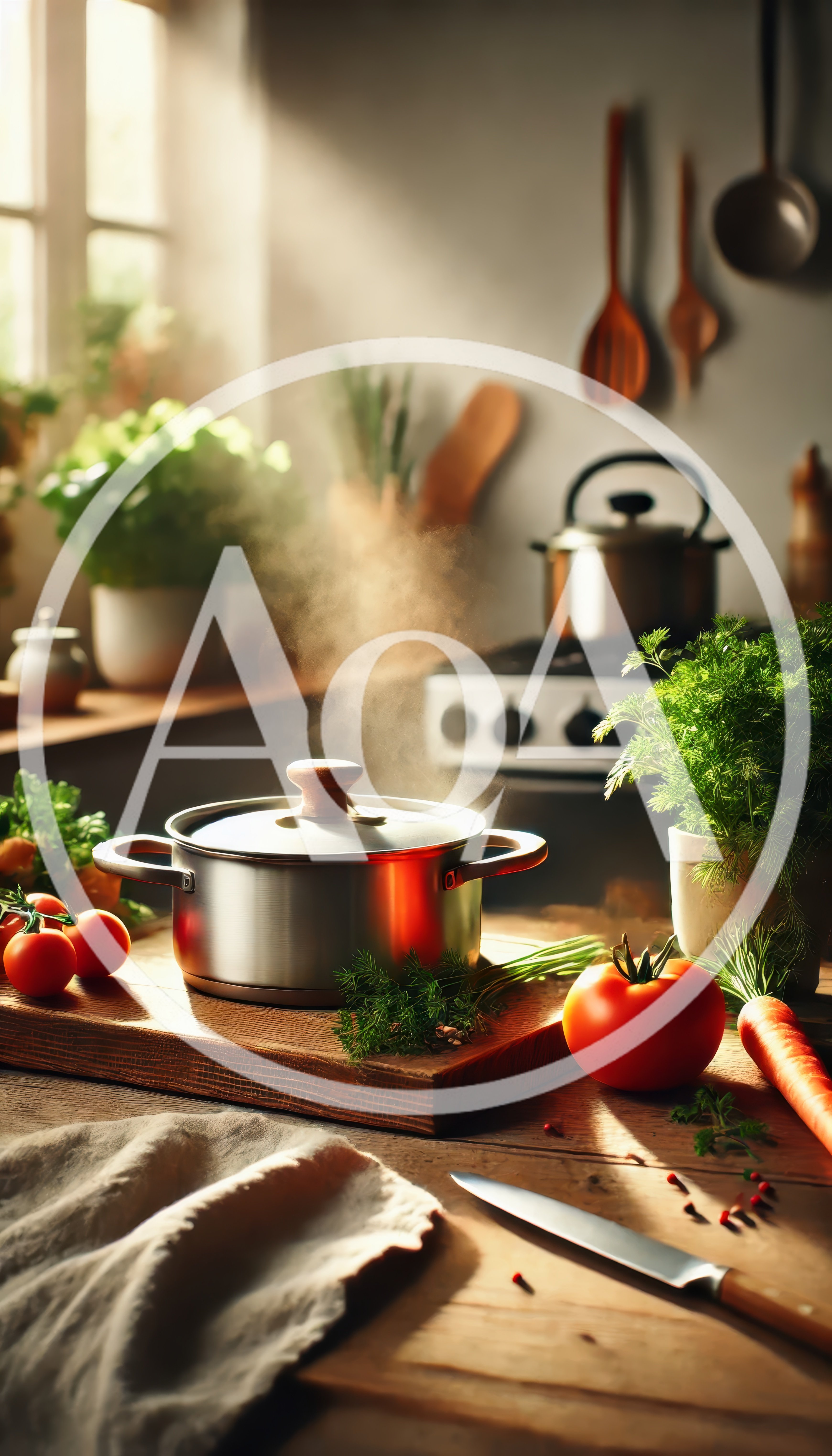 Steaming Pot on a Rustic Kitchen Counter