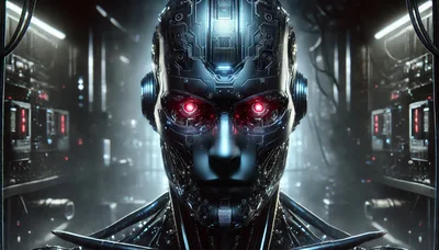 Cyborg Android Head With Glowing Red Eyes