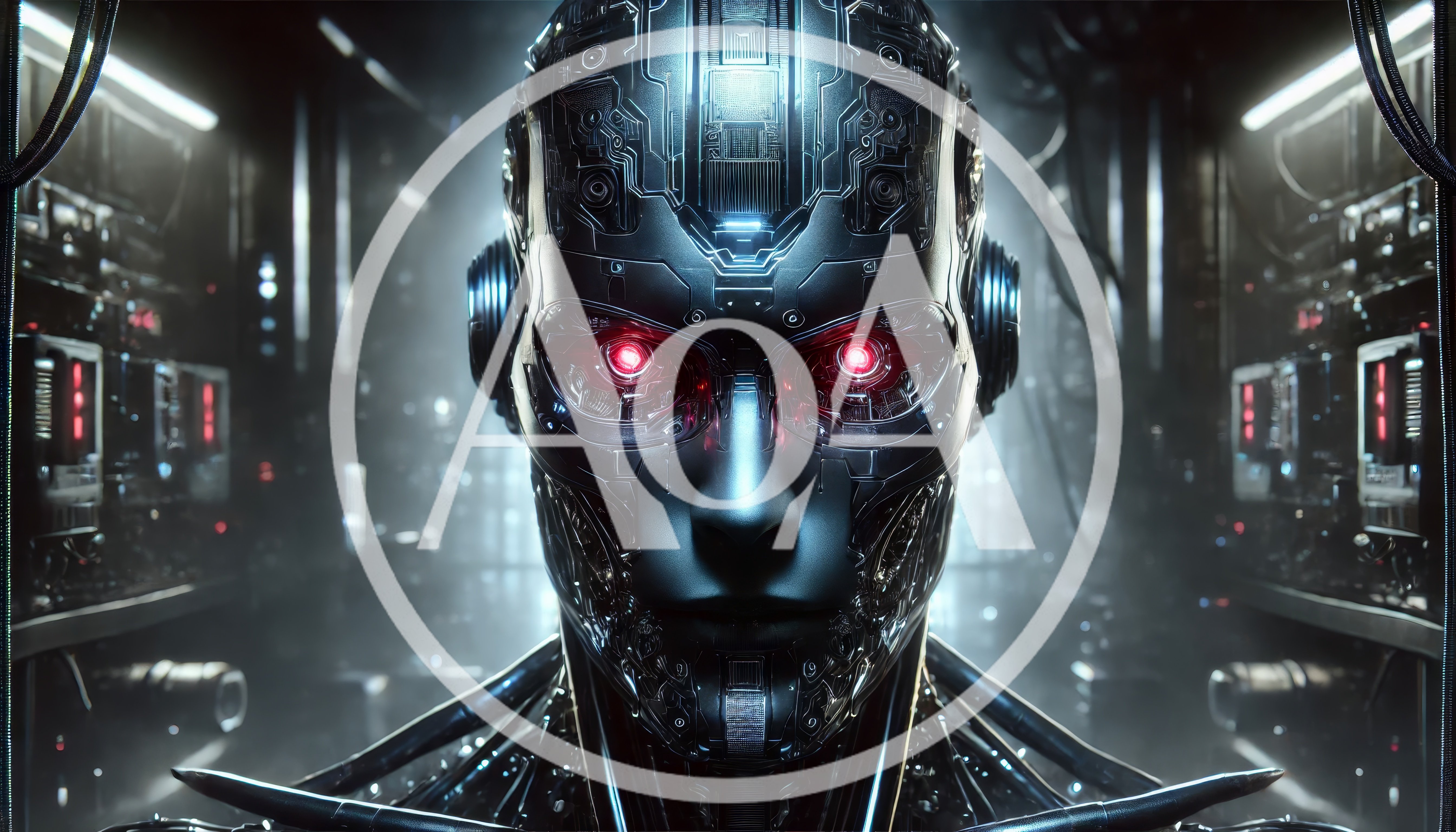 Cyborg Android Head With Glowing Red Eyes