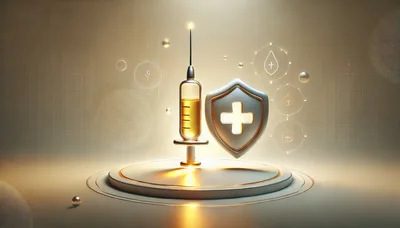Medical Syringe And Protective Shield On Display Platform