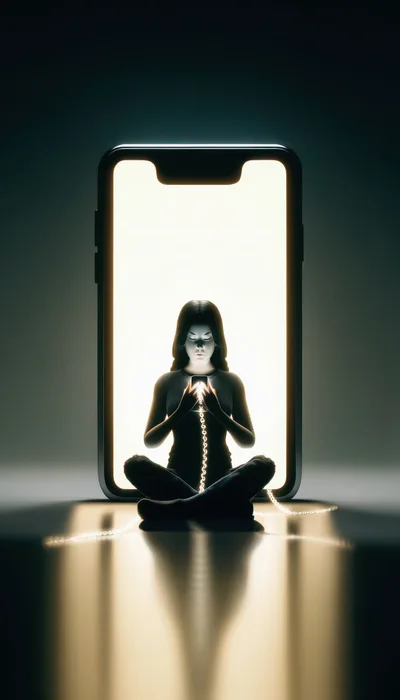 Woman Meditating While Tethered To A Glowing Smartphone