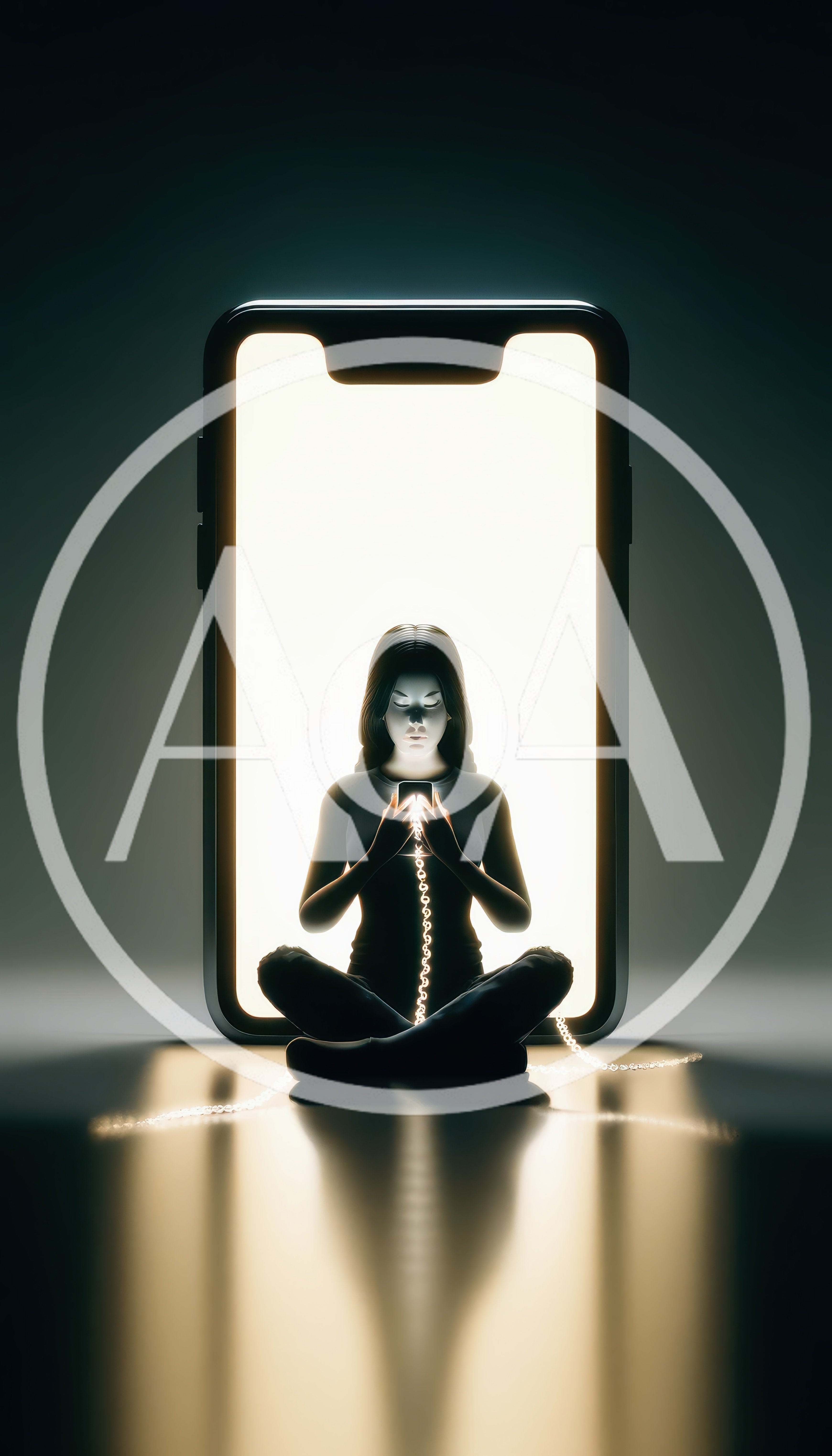 Woman Meditating While Tethered To A Glowing Smartphone