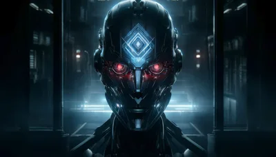 Futuristic Android Head With Glowing Red Eyes