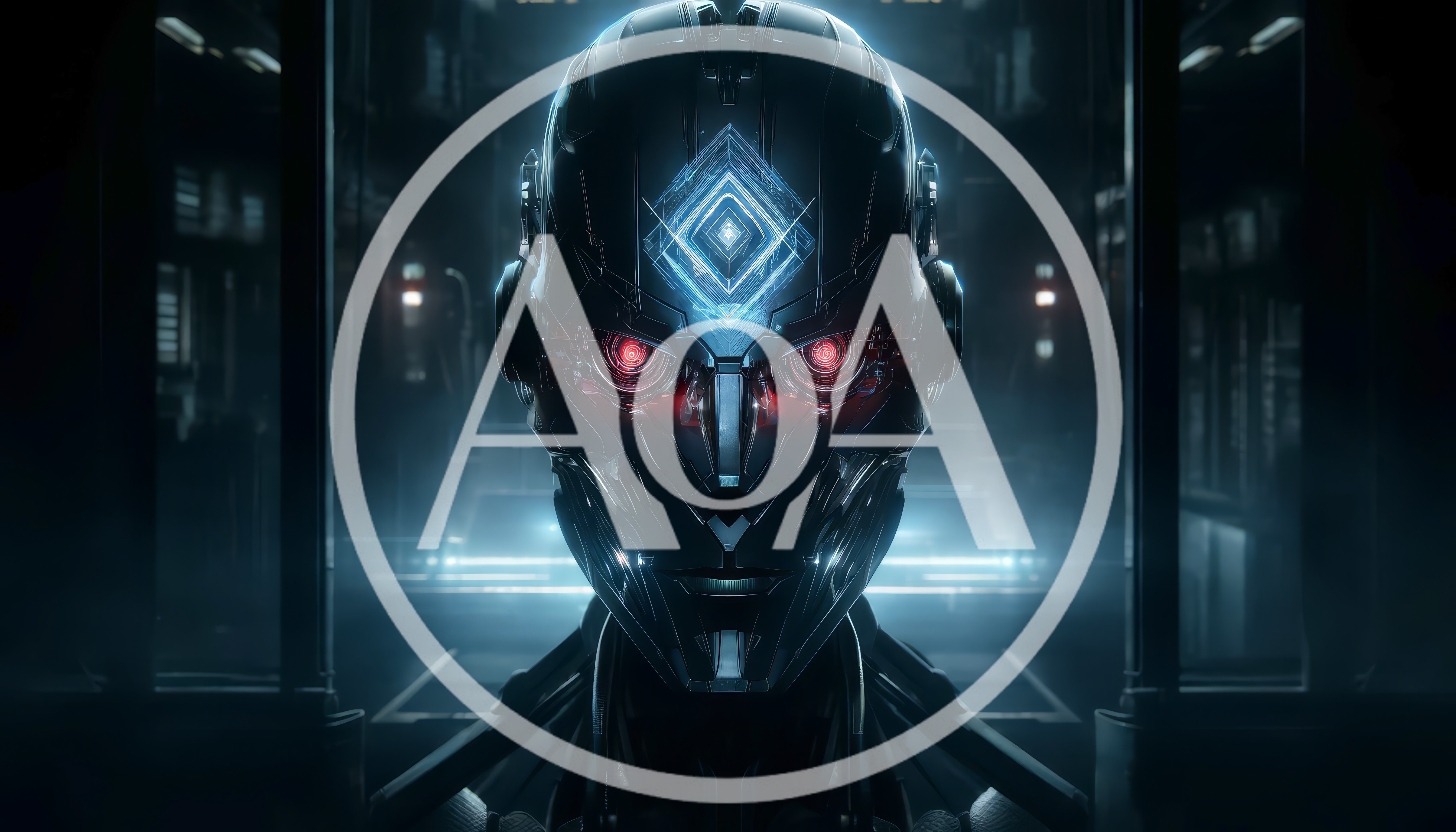 Futuristic Android Head With Glowing Red Eyes