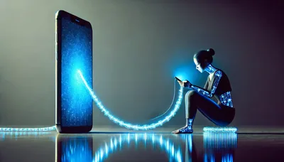 Cyborg Woman Connecting To A Giant Smartphone