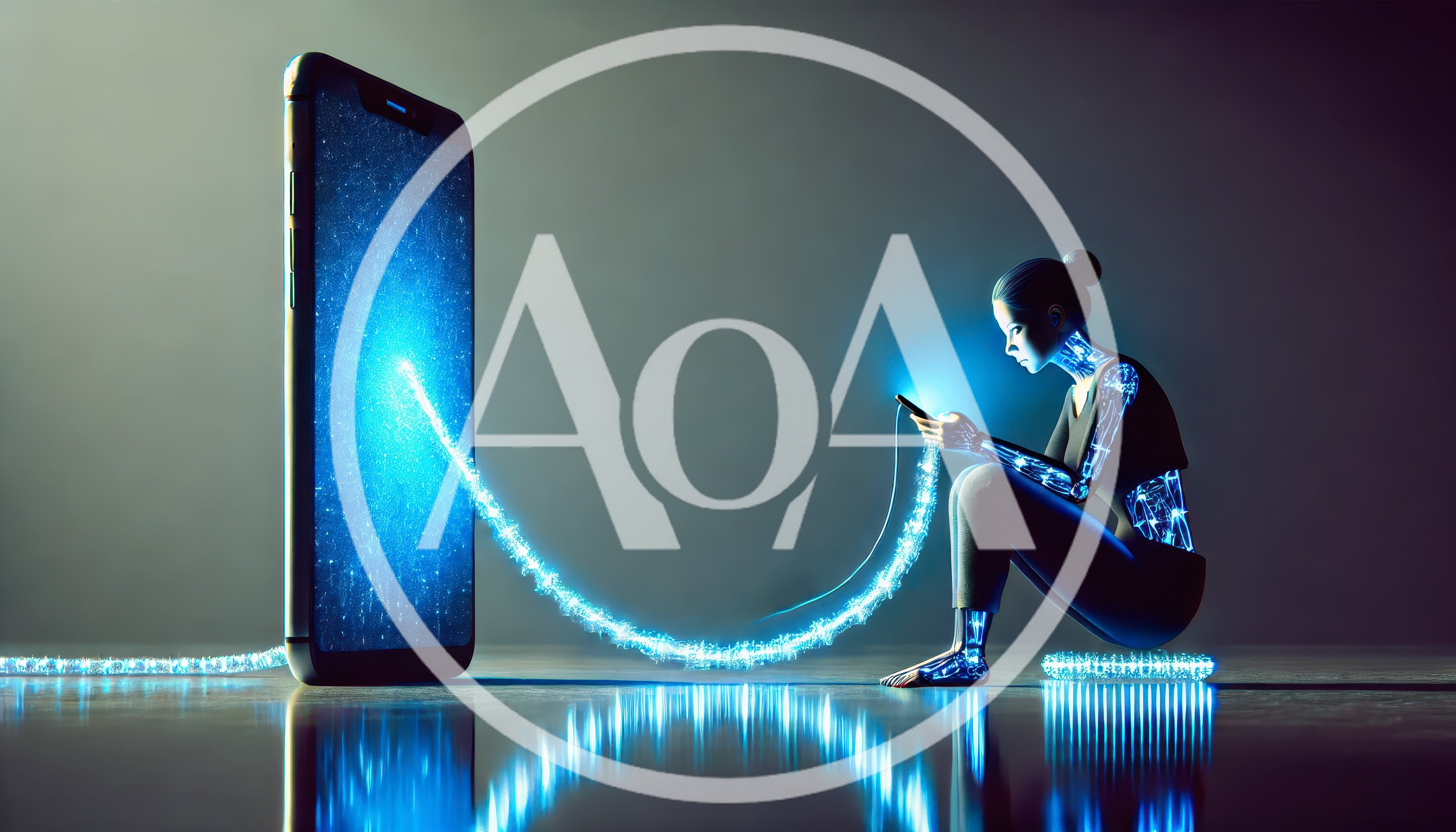 Cyborg Woman Connecting To A Giant Smartphone
