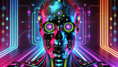 Cybernetic Skull With Glowing Neon Circuitry
