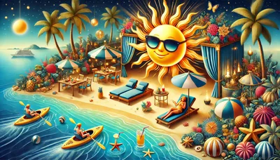 Tropical Beach Resort With Kayakers And Sun Loungers