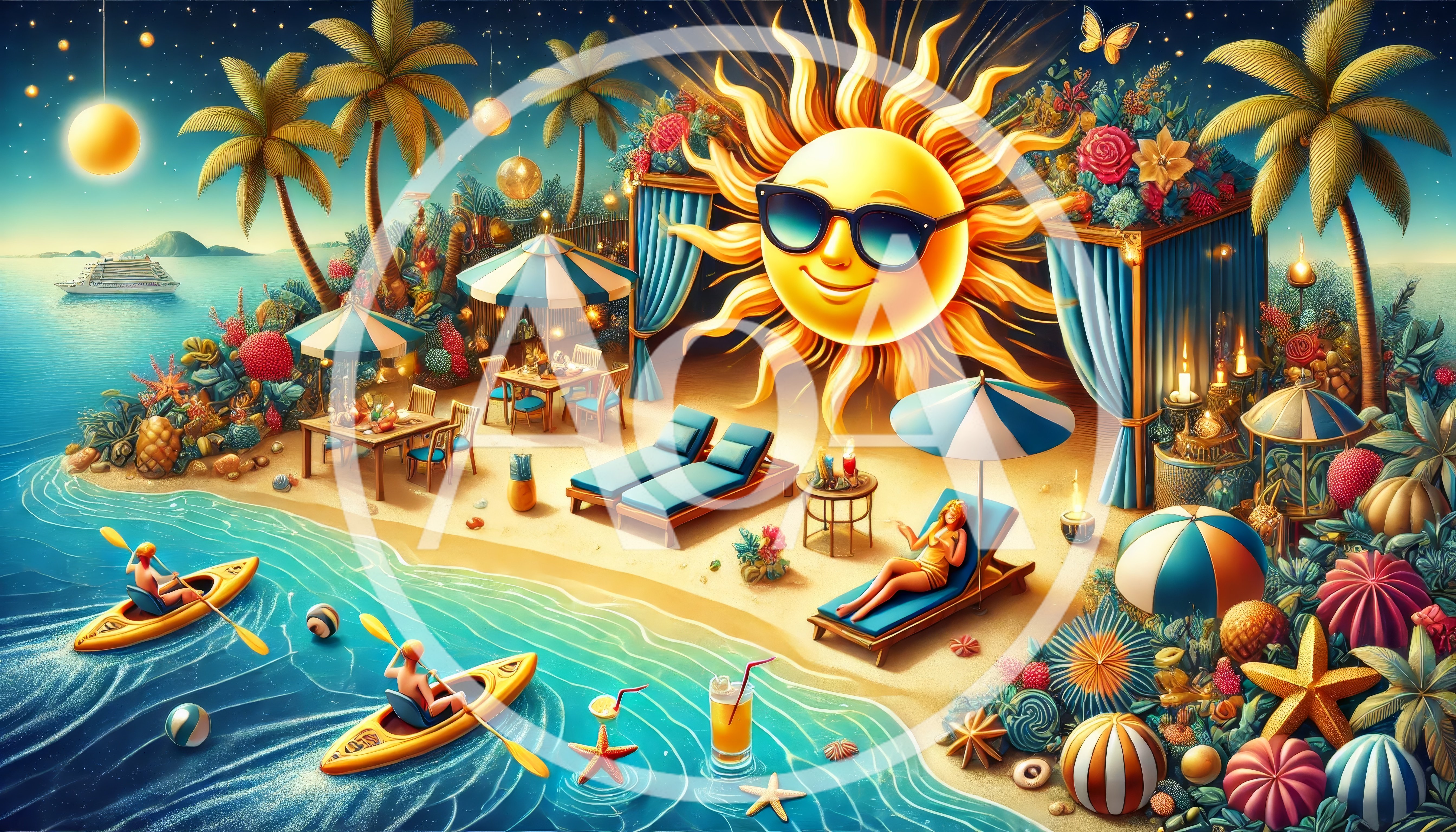 Tropical Beach Resort With Kayakers And Sun Loungers