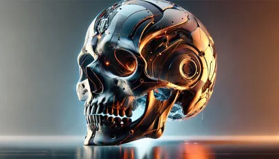 Futuristic Metallic Robotic Skull With Glowing Internal Circuits
