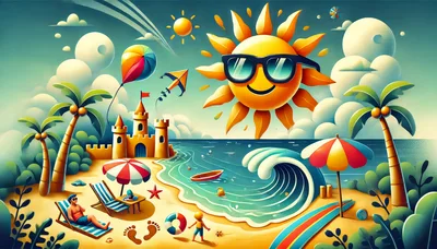 Summer Beach Vacation Scene with Sun and Sandcastle