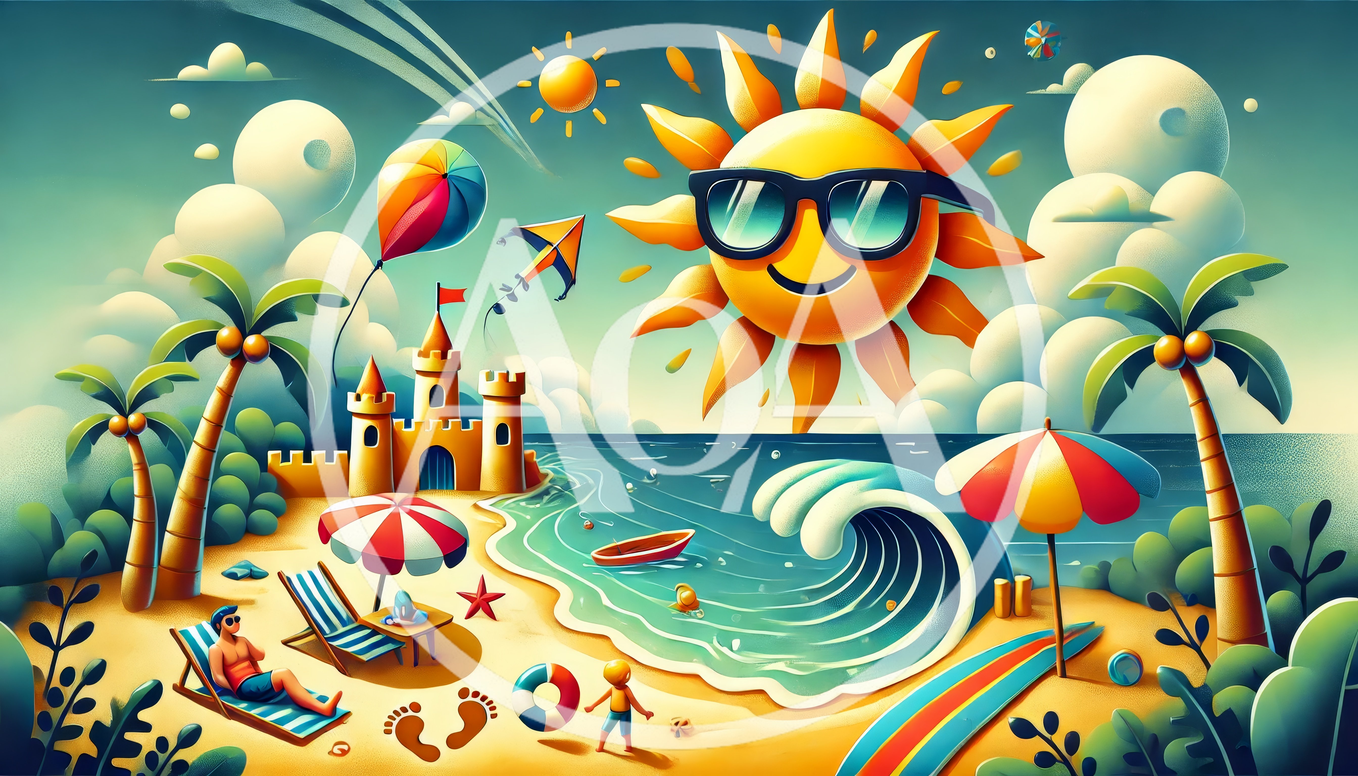 Summer Beach Vacation Scene with Sun and Sandcastle