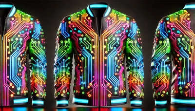 Three Views Of A Futuristic Circuit Board Bomber Jacket