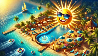 Tropical Beach Resort With Cartoon Sun And Swimming Pool