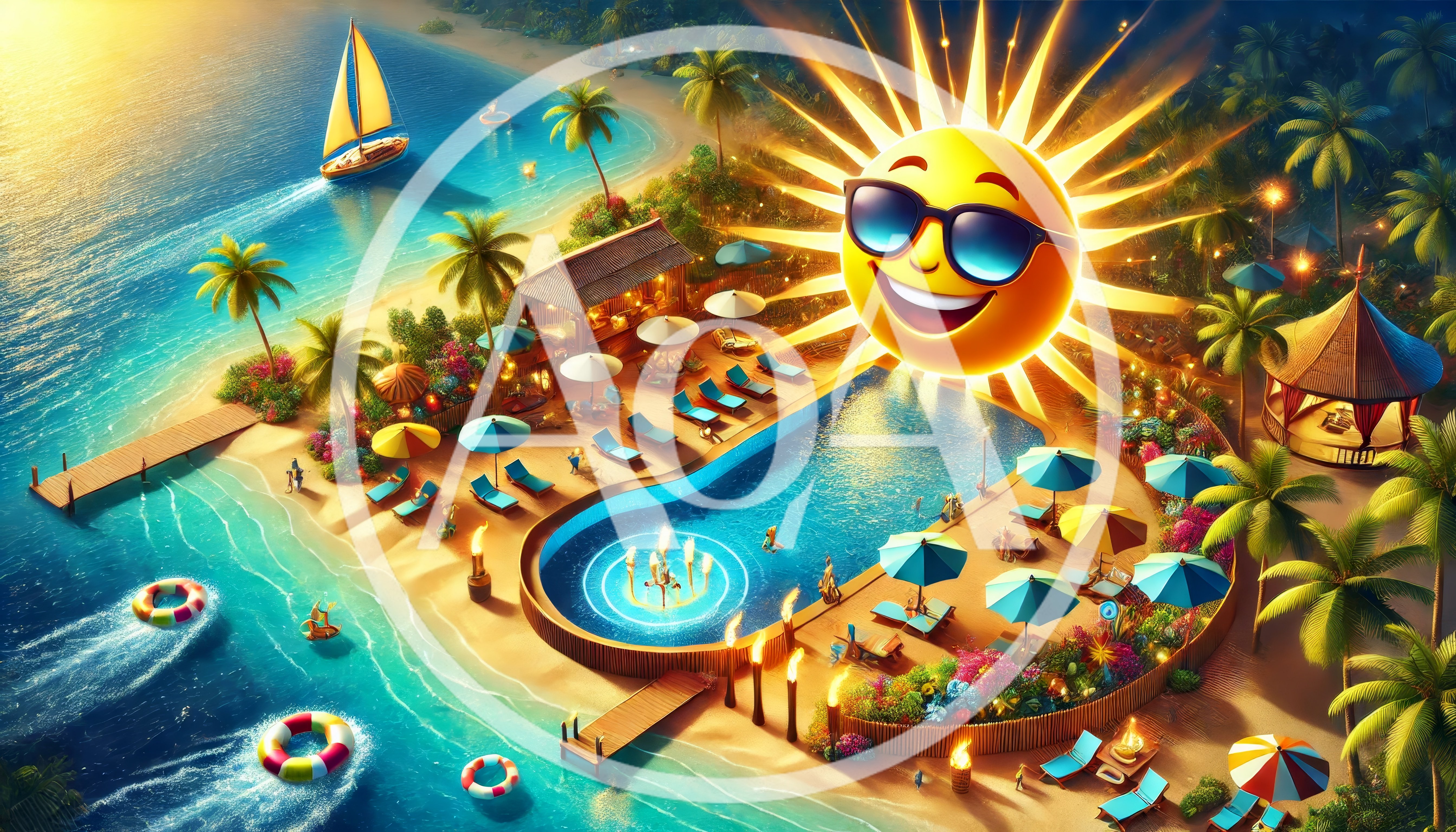 Tropical Beach Resort With Cartoon Sun And Swimming Pool