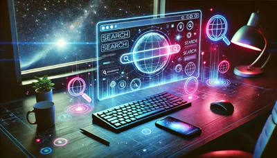 Futuristic Digital Workspace With Holographic Search Interface