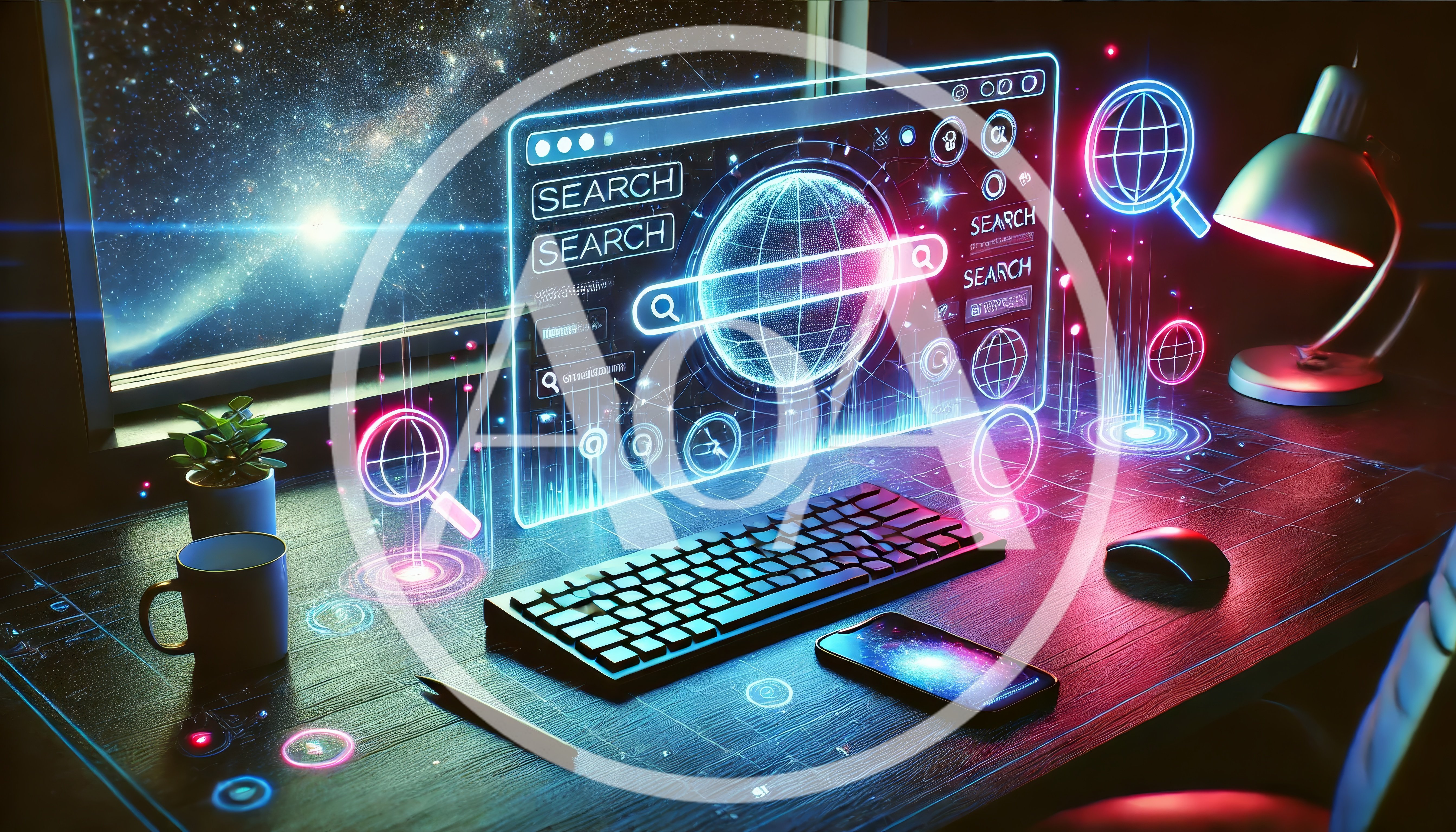 Futuristic Digital Workspace With Holographic Search Interface