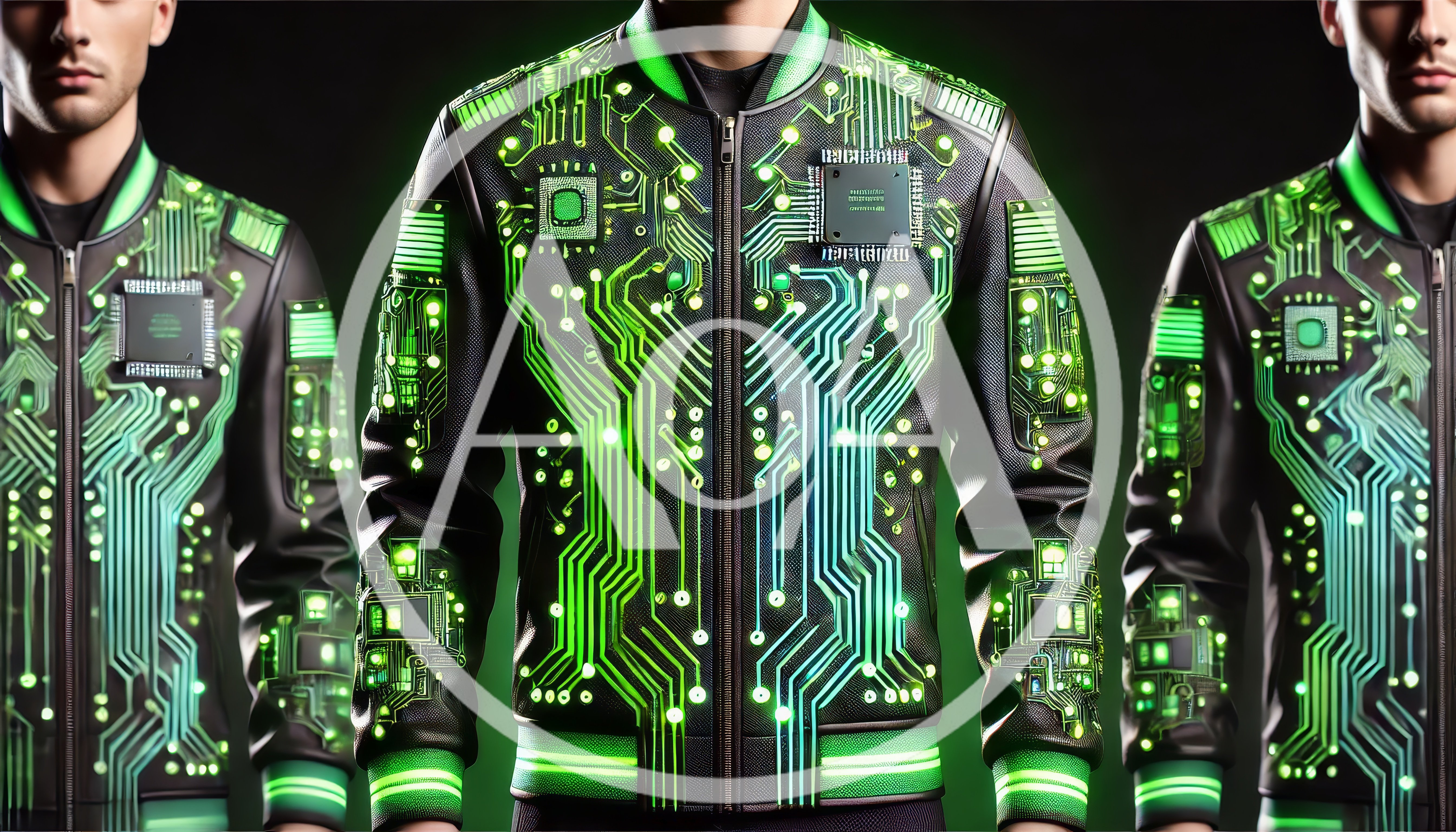 Three Men Wearing Futuristic Glowing Circuit Board Jackets