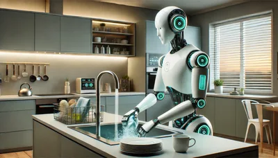 Humanoid Robot Washing Dishes In Modern Kitchen