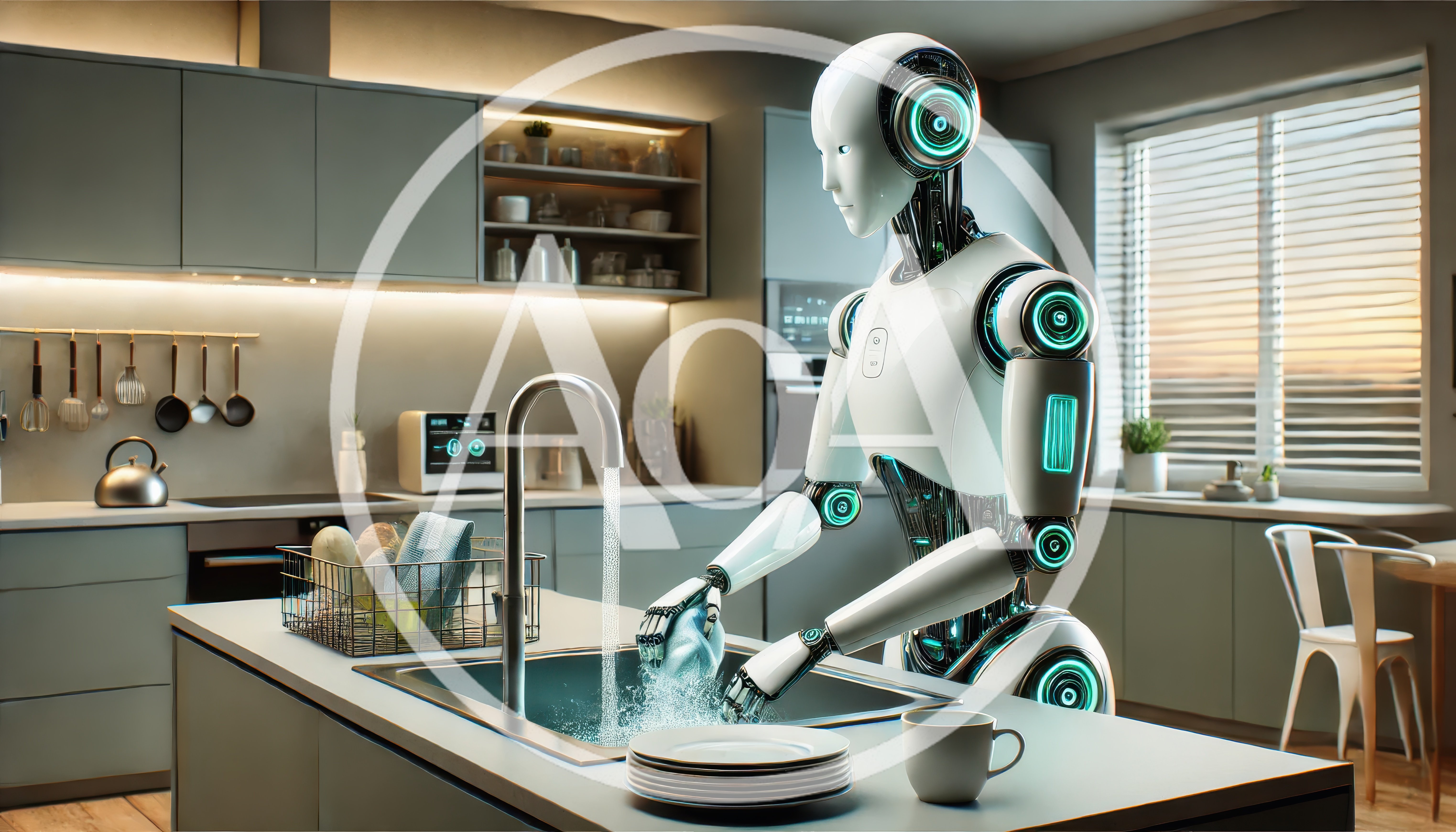 Humanoid Robot Washing Dishes In Modern Kitchen