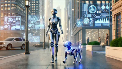 Futuristic Android Walking Robotic Dog In City