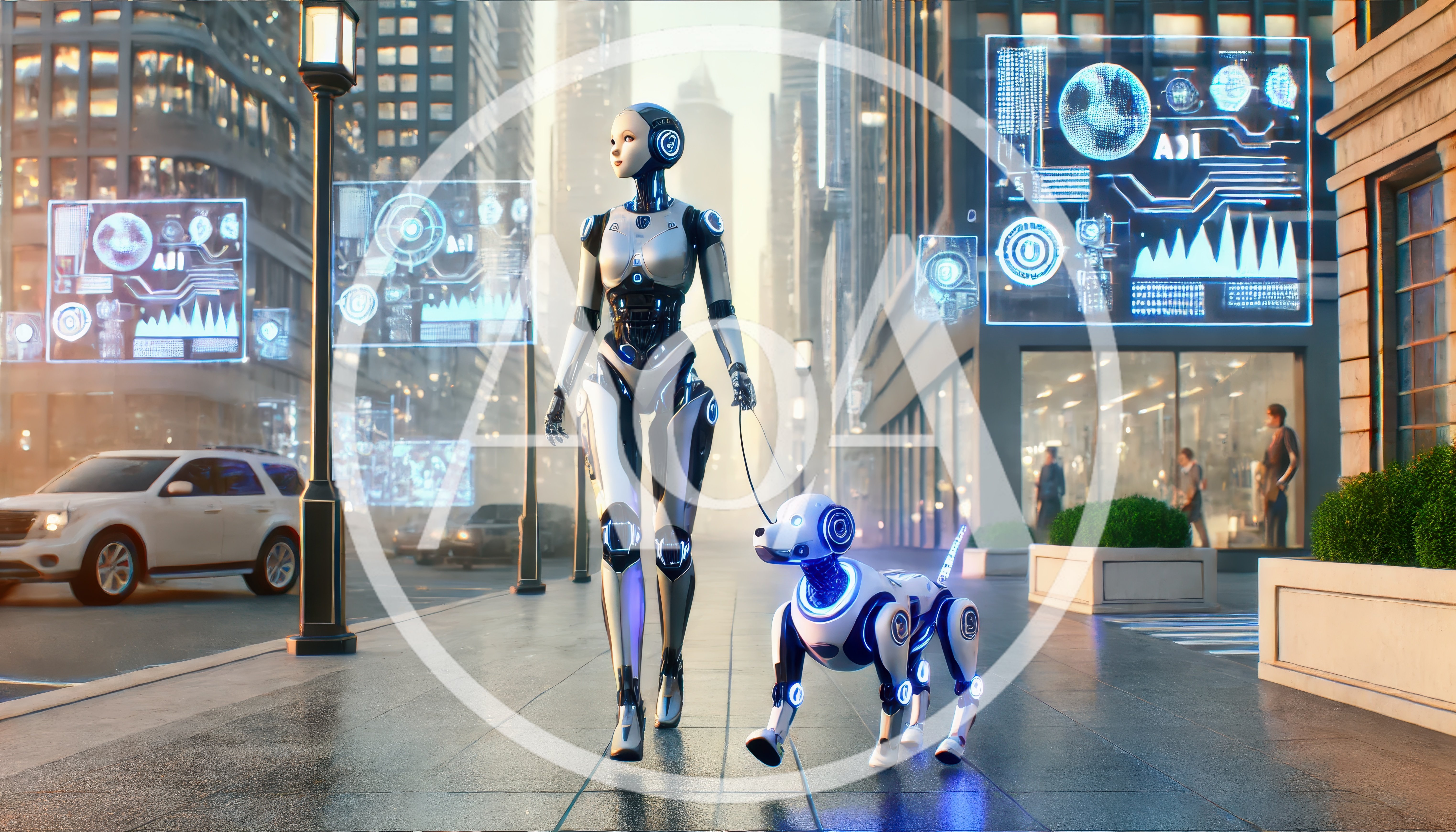 Futuristic Android Walking Robotic Dog In City