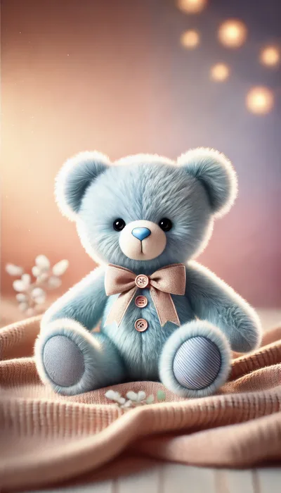 Cute Blue Teddy Bear Sitting On Soft Fabric