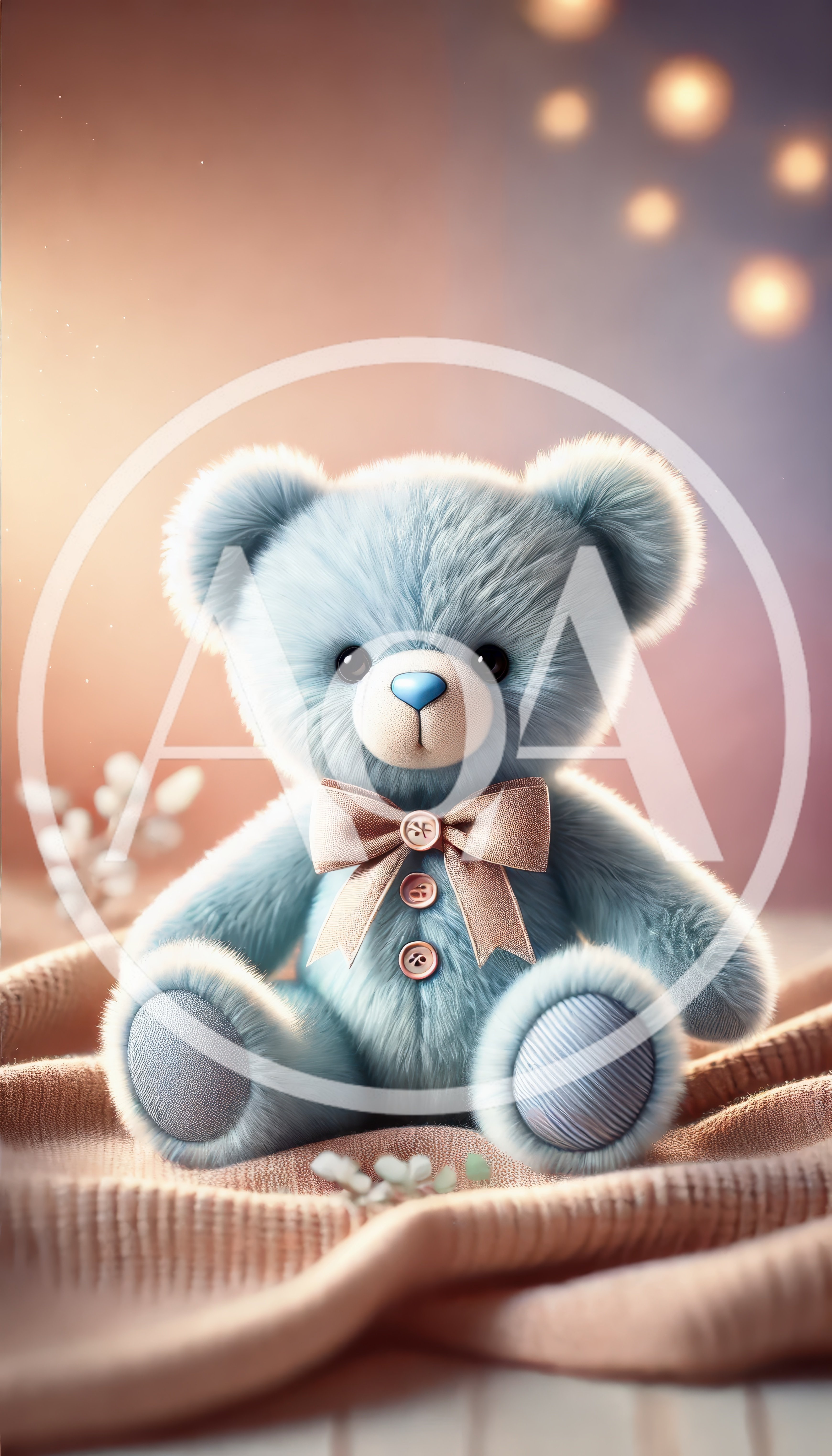 Cute Blue Teddy Bear Sitting On Soft Fabric