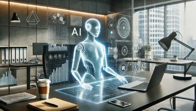 Holographic AI Robot Interacting With Digital Data Interface