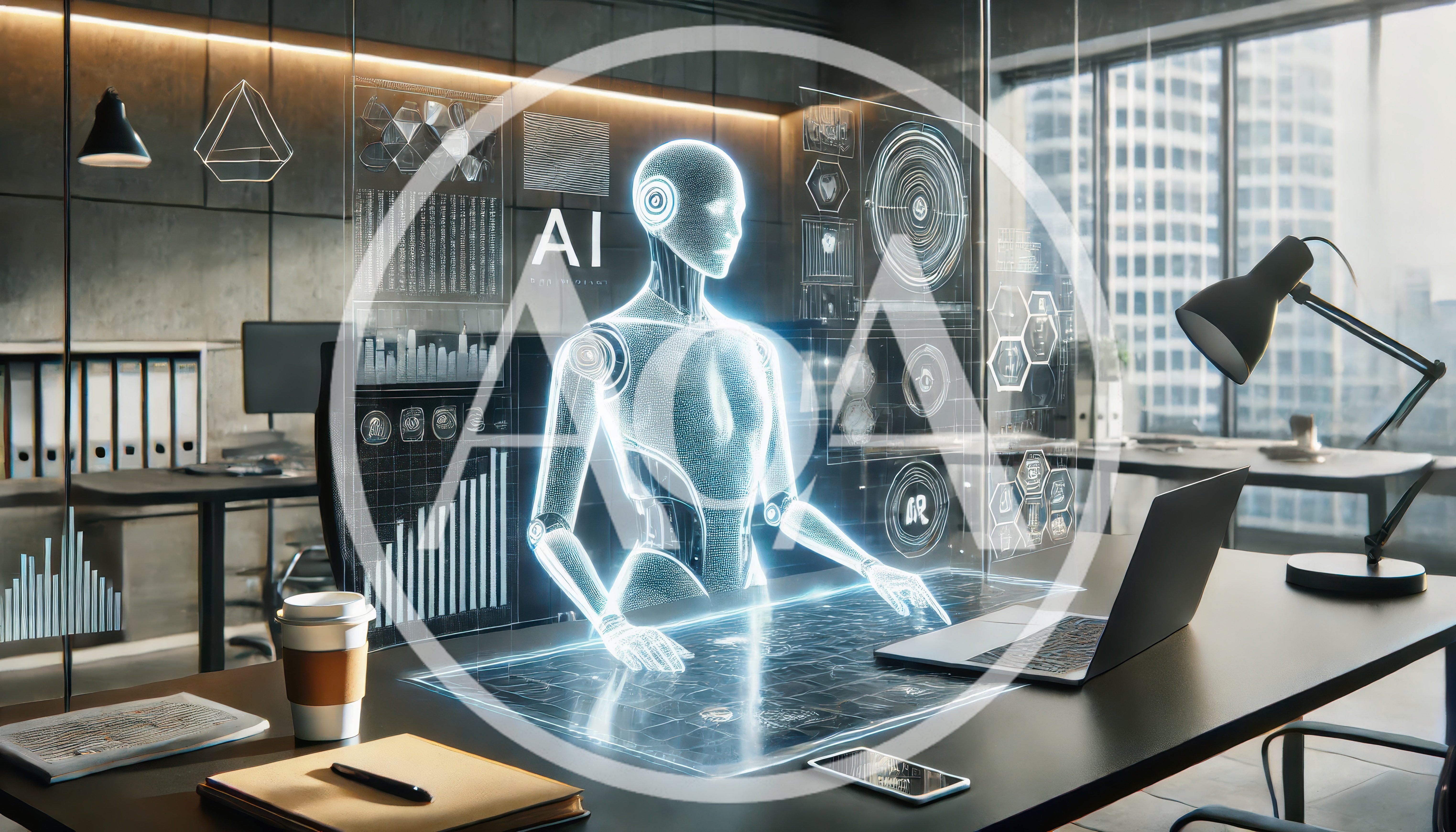 Holographic AI Robot Interacting With Digital Data Interface