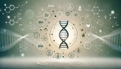 Digital DNA Helix Structure With Scientific Icons