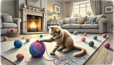 Cute Ginger Kitten Playing With Yarn Balls